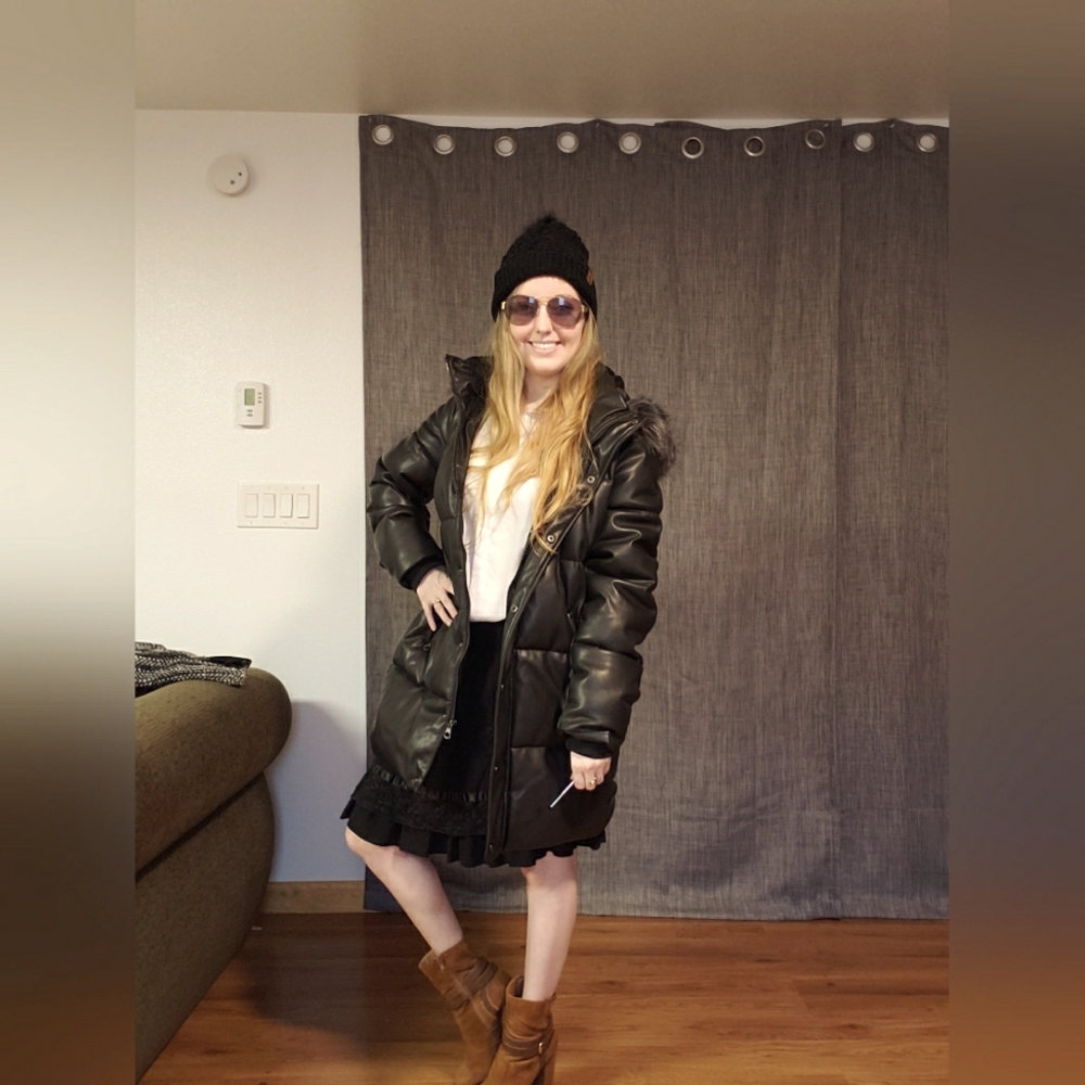 NWT Beautiful Black Vegan Leather Puffer Coat